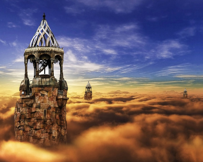 Fantasy towers above clouds under a blue sky