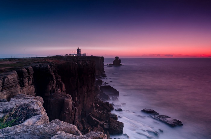 Lighthouse on cliffs overlooking the ocean at sunset
