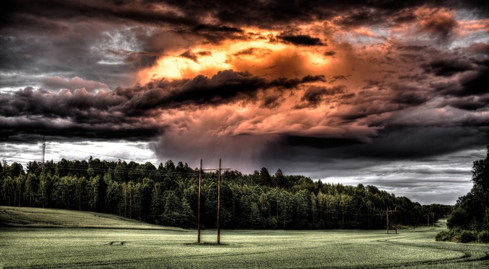 Stormy sky over a green field and forest