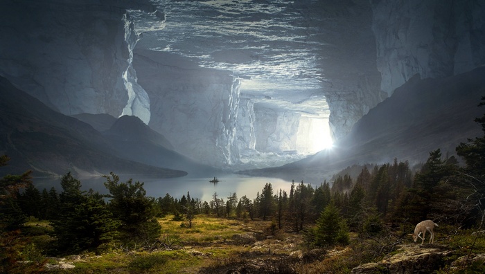 Mystical cave with a lake and a small island