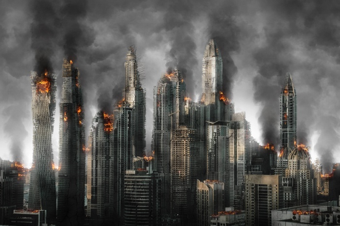 Cityscape in ruins with fires and smoke