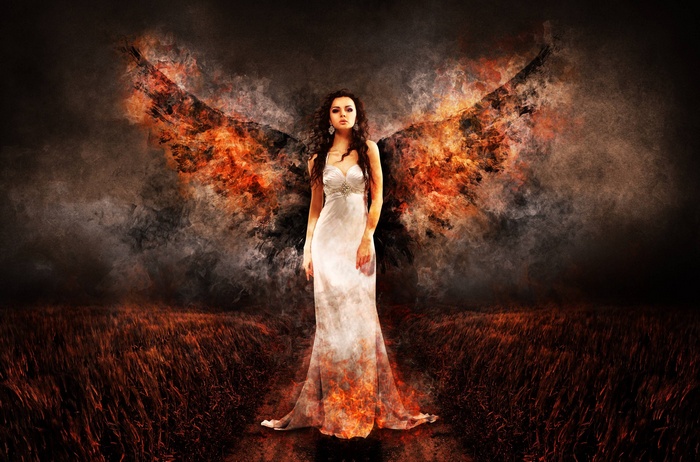 Woman with fiery wings in a burning field