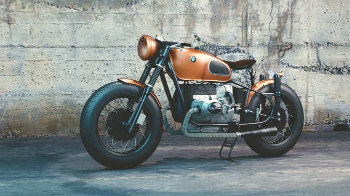 BMW motorcycle parked against a concrete wall