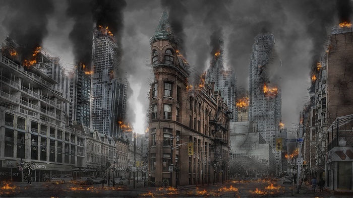 City in ruins with fires and smoke