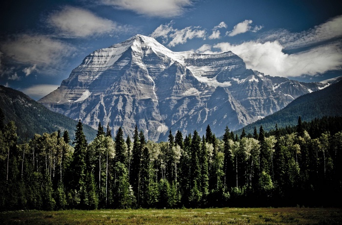 Mount Robson with forest and clouds