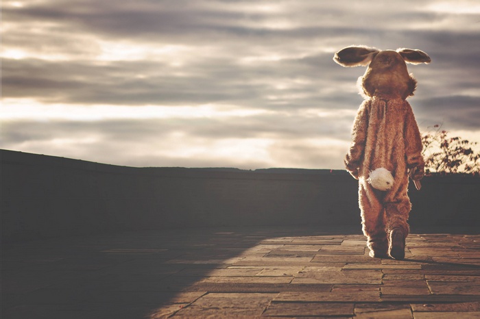 Person in a bunny costume walking on a tiled path