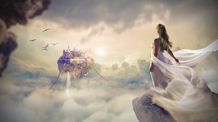 Fantasy castle in the clouds with a woman