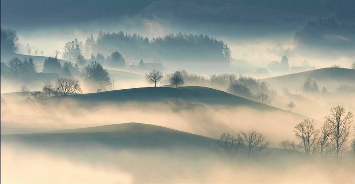Misty hills with trees and houses in the countryside