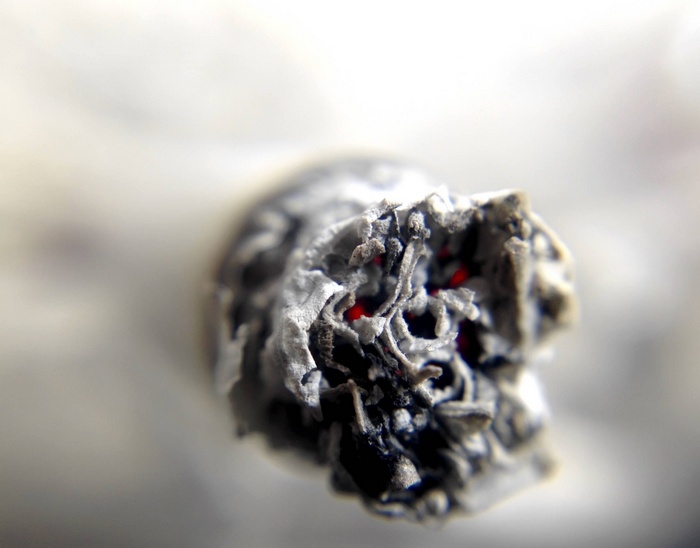 Close-up of a burning cigarette ash