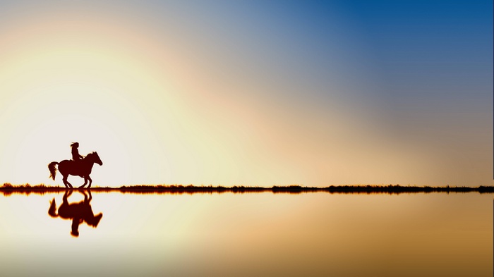 Silhouette of a person riding a horse at sunset over water