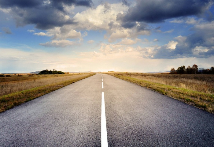 Asphalt road through a fall landscape under cloudy sky