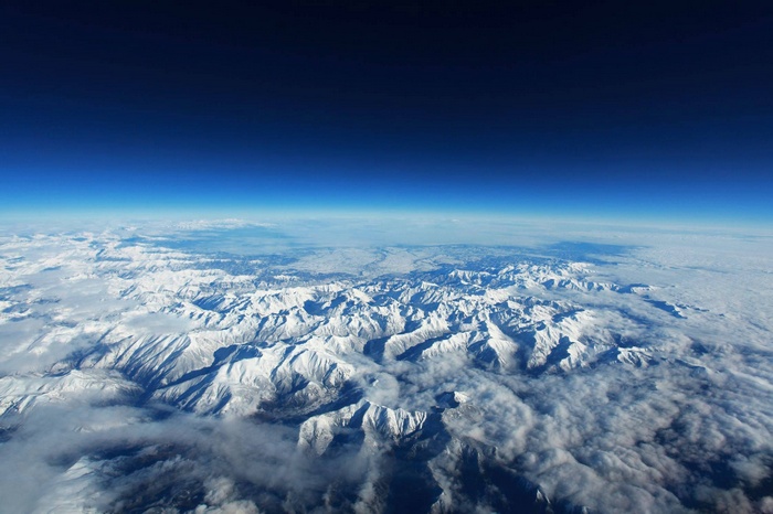 Aerial view of snow-covered Pyrenees mountains