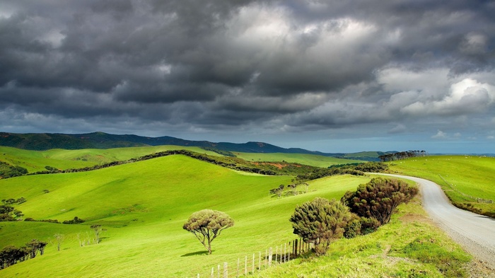 Rolling green hills under a cloudy sky