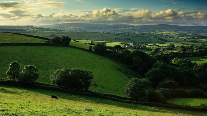 Rolling green hills and farmland under a cloudy sky