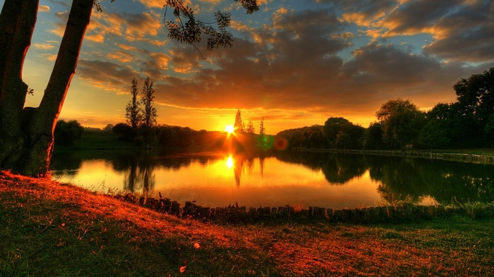 Sunset over a lake with trees and grass