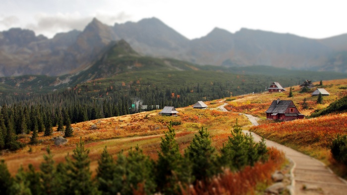 Mountain landscape with cabins and autumn foliage