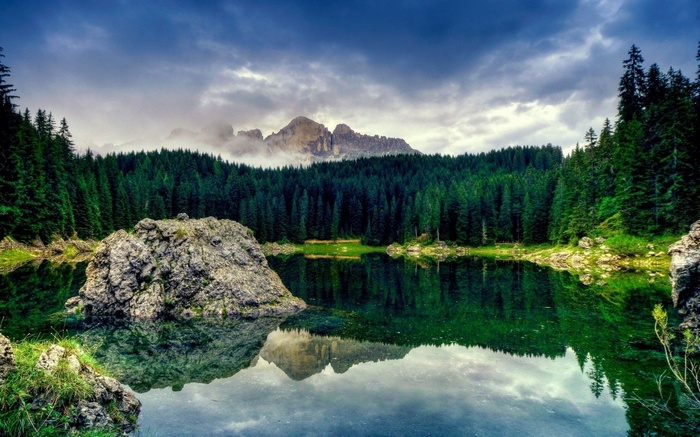 Lake with pine forest and mountains
