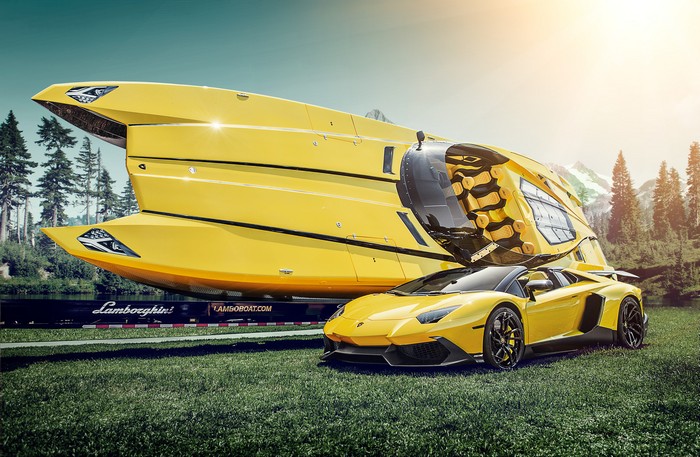 Yellow Lamborghini Aventador SV Roadster and Boat