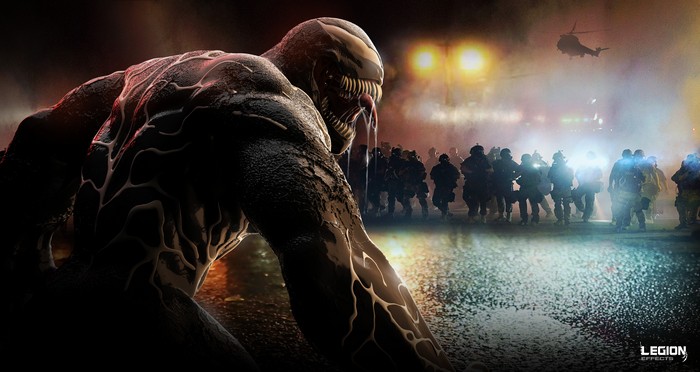 Venom confronts riot police and a helicopter