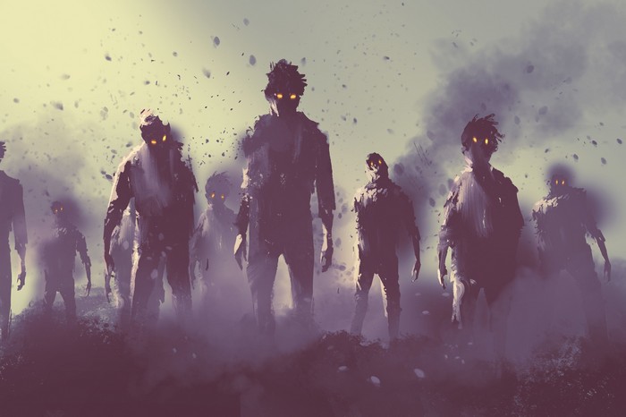 Concept art of a group of zombies with glowing eyes