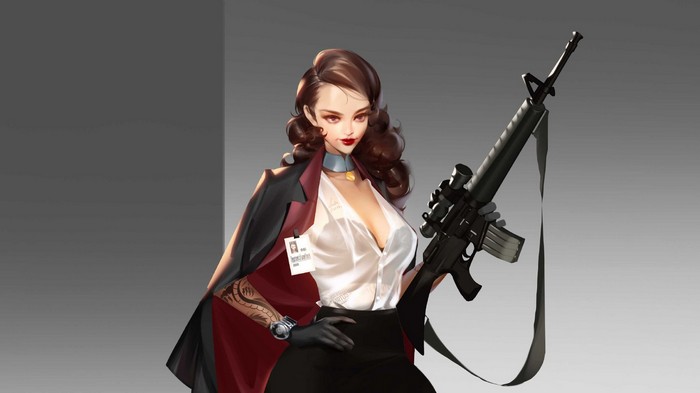 Woman in business attire holding a rifle