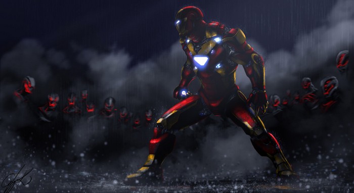 Iron Man faces an army of Ultron bots in the rain