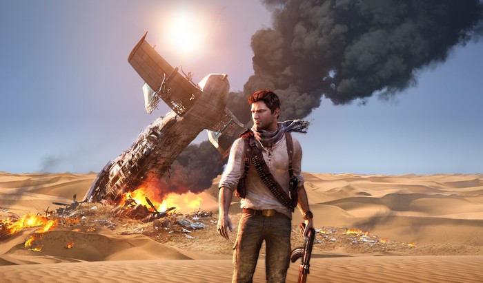 Nathan Drake in a desert with a crashed plane