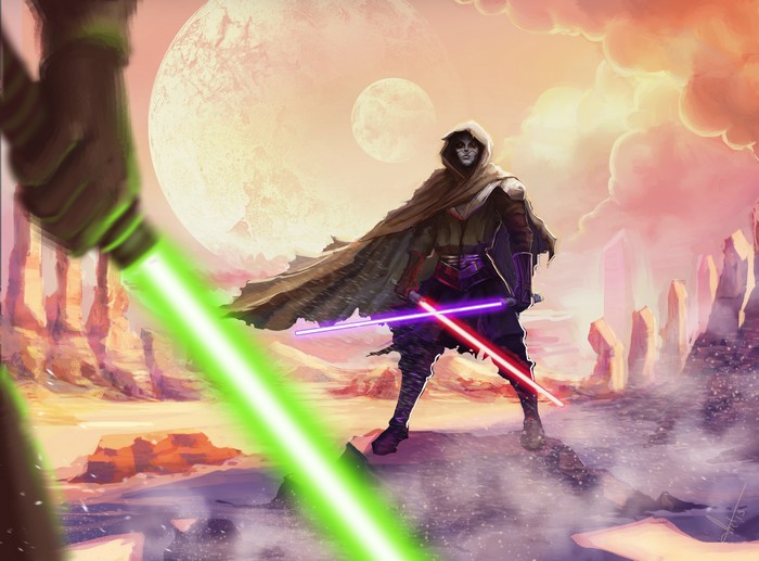 Star Wars artwork of a hooded figure with lightsabers