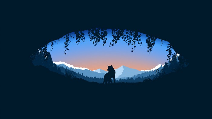 Minimalist wolf silhouette in a cave overlooking mountains