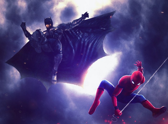 Batman and Spider-Man in a dramatic aerial confrontation