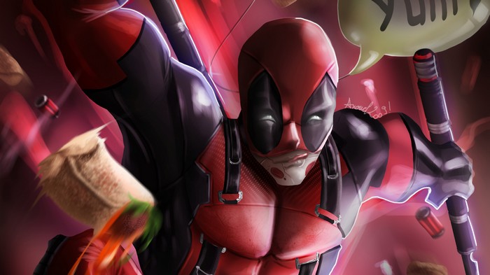 Deadpool artwork with food and weapons