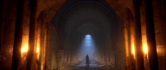 Vampyr game character in a dark stone corridor