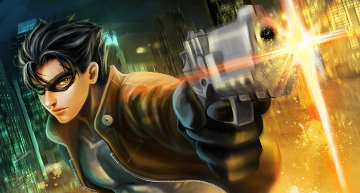 Red Hood firing a gun in a city at night