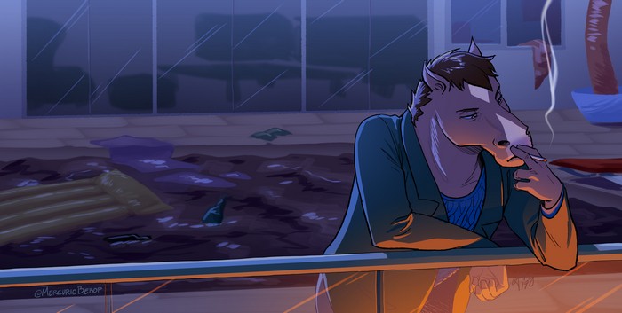 Bojack Horseman smoking by a pool