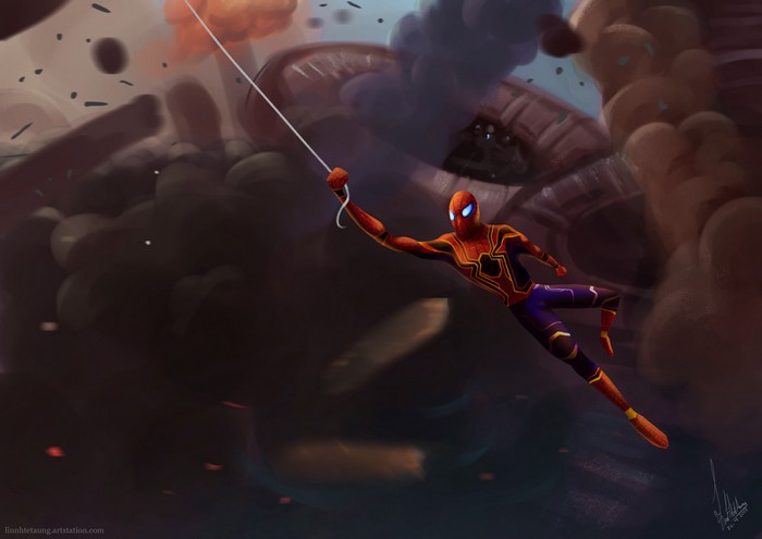 Spider-Man swings through a chaotic battle scene