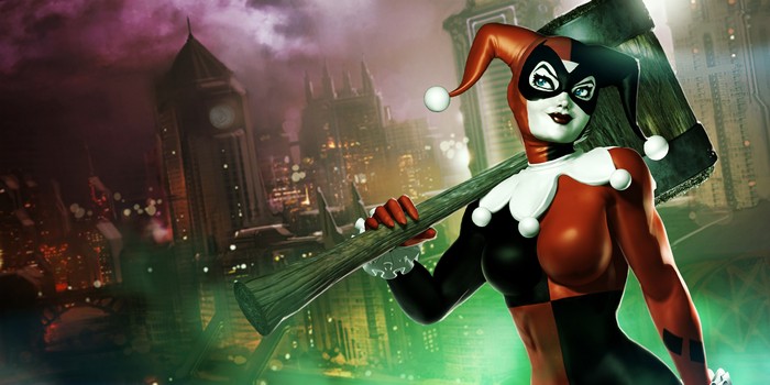 Harley Quinn with a large hammer in Arkham Knight