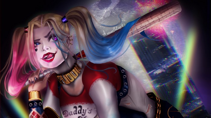 Harley Quinn Artwork with Baseball Bat and Cityscape