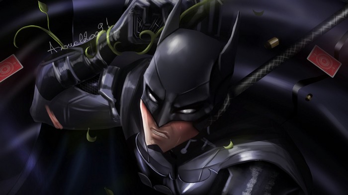 Batman in dark armor with playing cards and vines