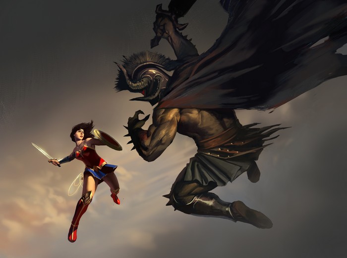 Wonder Woman fights a large demon