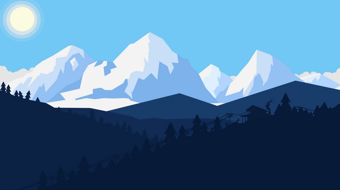 Minimalist winter mountain landscape with sun