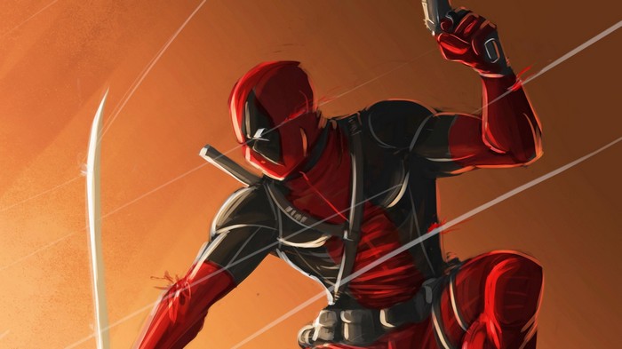 Deadpool artwork with swords and gun
