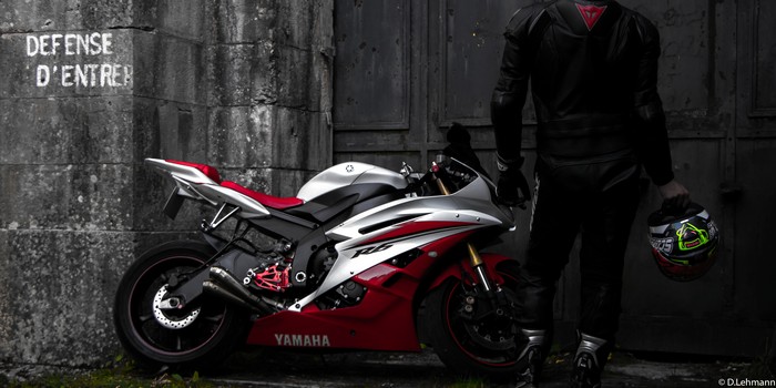 Yamaha R6 motorcycle with rider and helmet