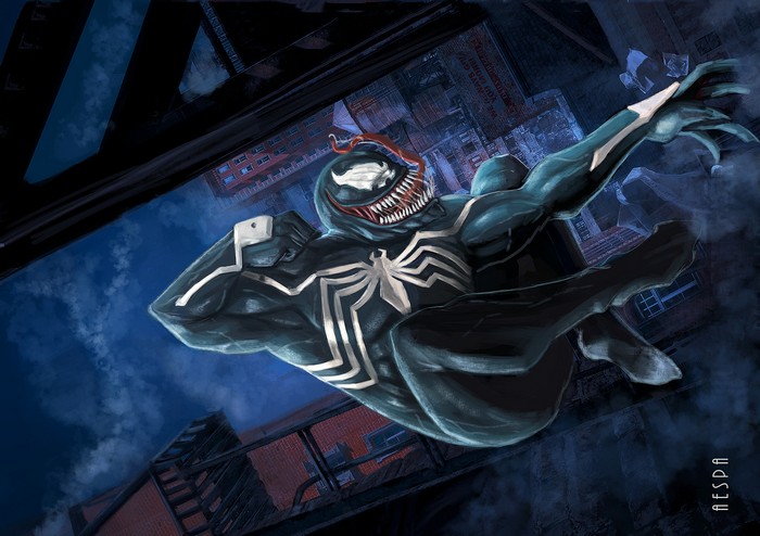 Venom leaping between buildings in a city at night