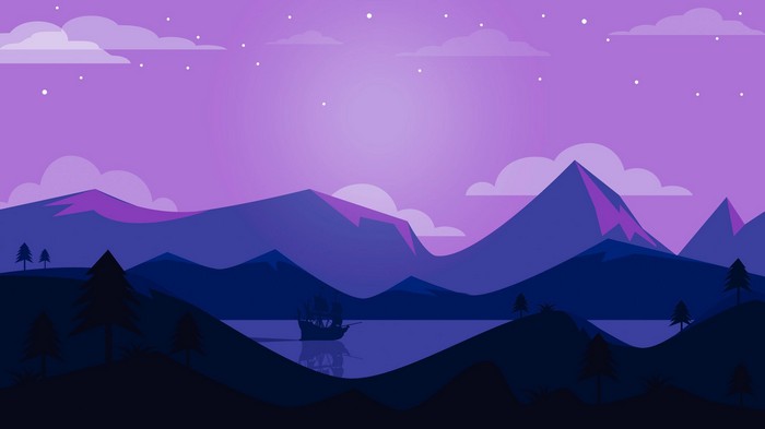 Minimalist landscape with a ship on the water