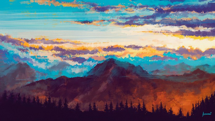 Digital art of mountains at sunset with clouds