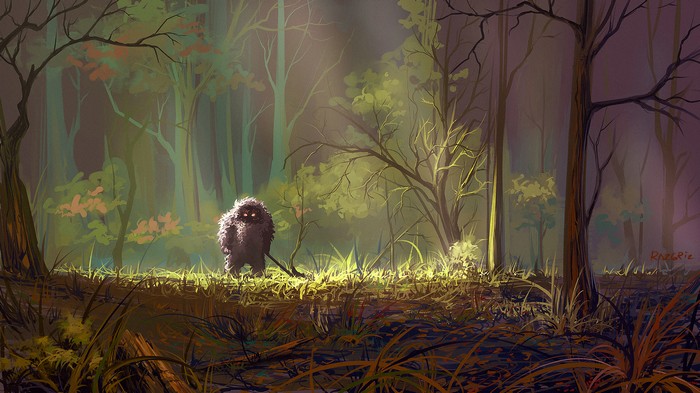 A furry creature in a sunlit forest