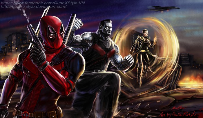 Deadpool, Colossus, and Domino in a Digital Artwork
