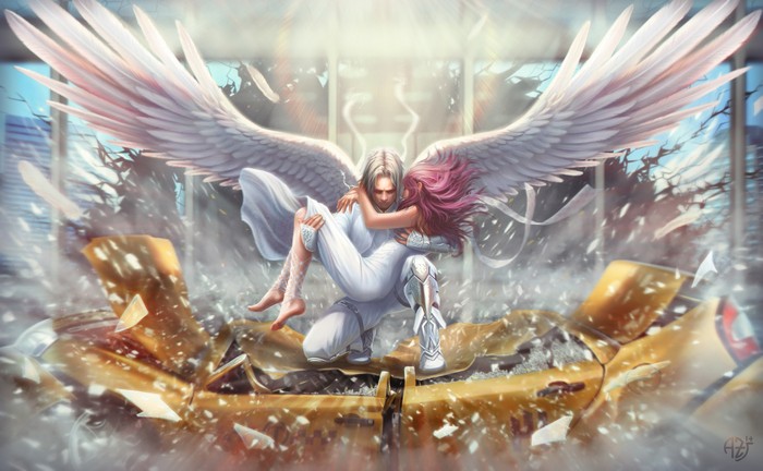 Angel carrying a woman amidst destruction