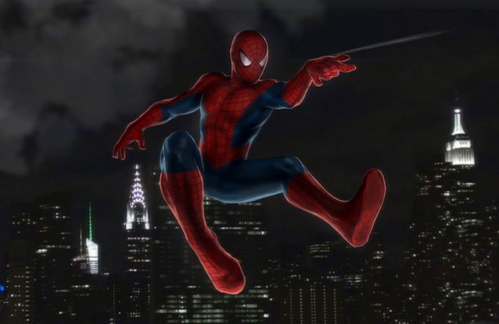 Spider-Man swinging through a city at night
