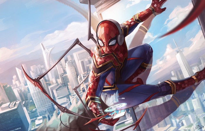 Spiderman with Iron Spider suit in a city